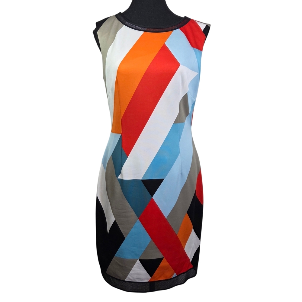 Tahari Multicolor Geometric Mini Dress With Mesh Trim Size 4